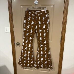 Stylish Brown Flare Jeans with White Pattern
